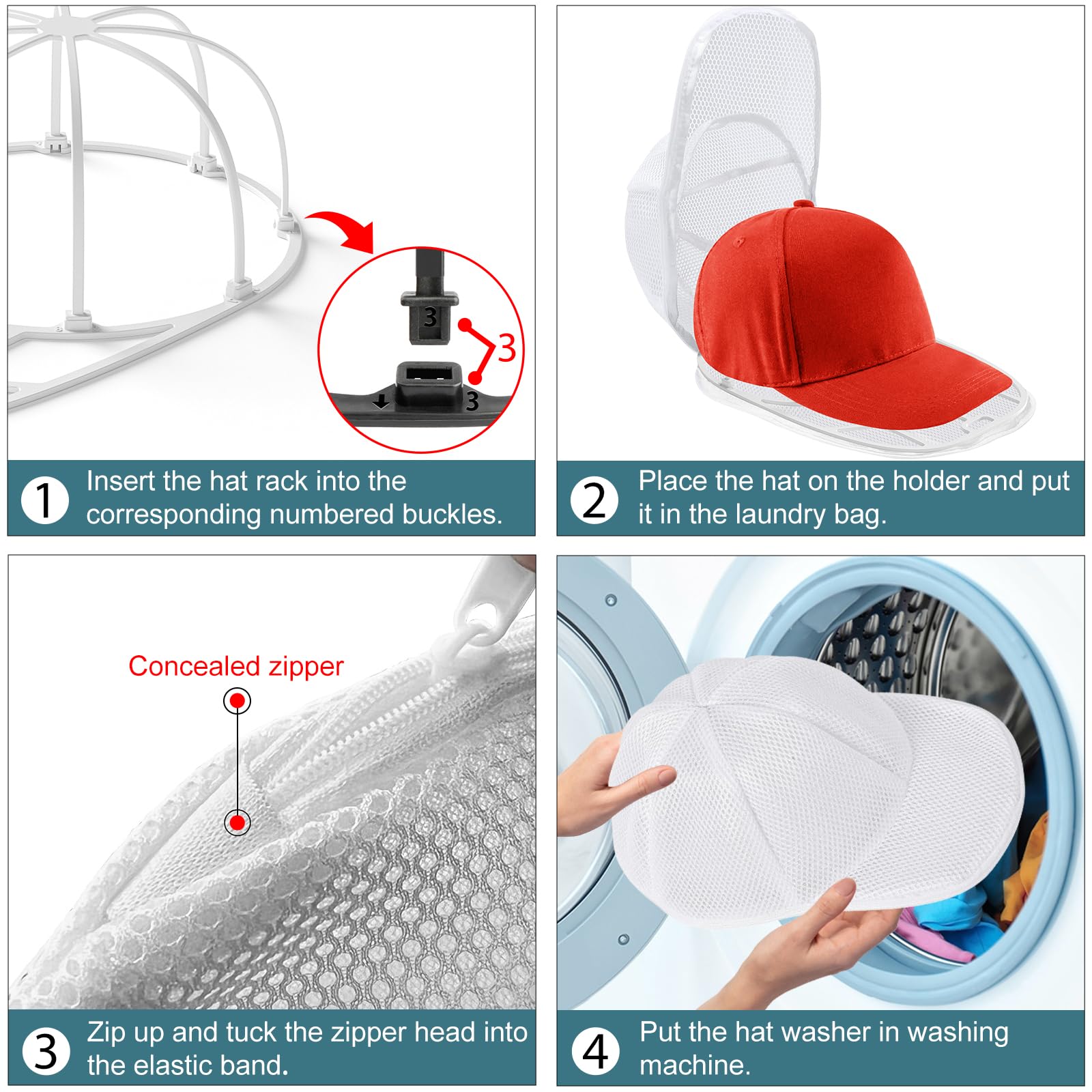 Eiito Rondella per cappelli per lavatrice, pulitore per cappelli da baseball con gabbia per telaio e borsa a rete (1 confezione bianca)
