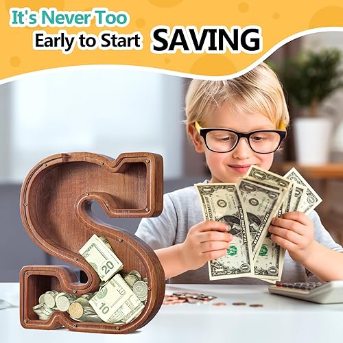 Miniatura 382 de SummiDate Alcancía de madera con nombre, niños y niñas, tamaño grande, letras alfabeto A-Z, monedas y billetes, inicial en cubierta transparente