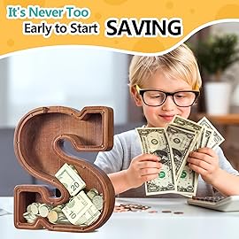 Summidate Customized Name Extra Large Wooden Piggy Bank for Kids Boys Girls Letter A-Z Coins Bills Money Change Bank Box Initial on Clear Cover (Laser Engraved) Educational Toys 12- Letter S