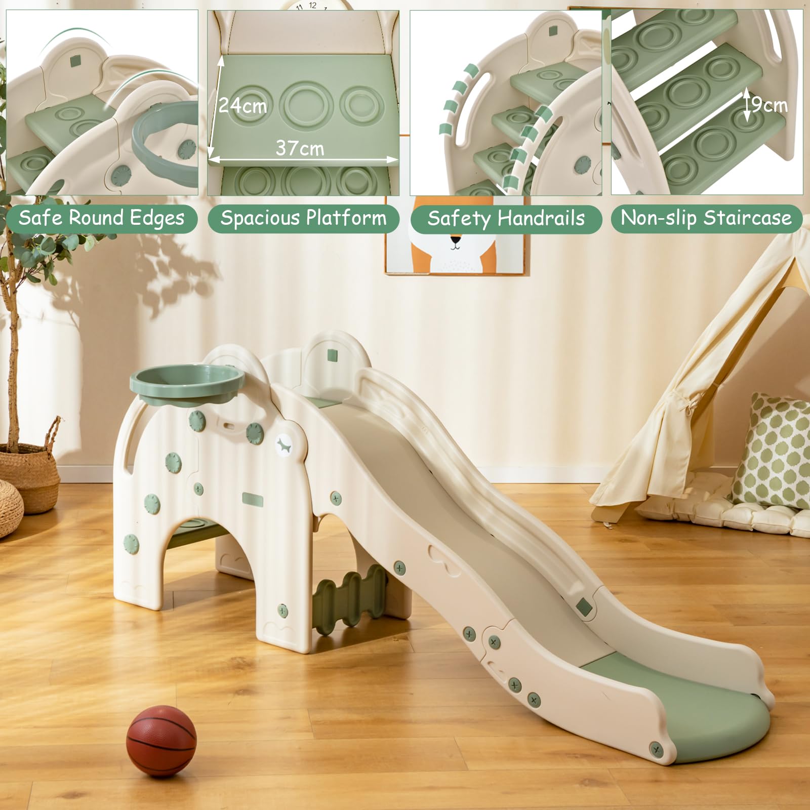 Aire De Jeux Pour Enfants 4 En 1 Avec Toboggan, Balançoire, Support De Basket Ball Echelle Descalade Jouet Descalade Vert 85347184