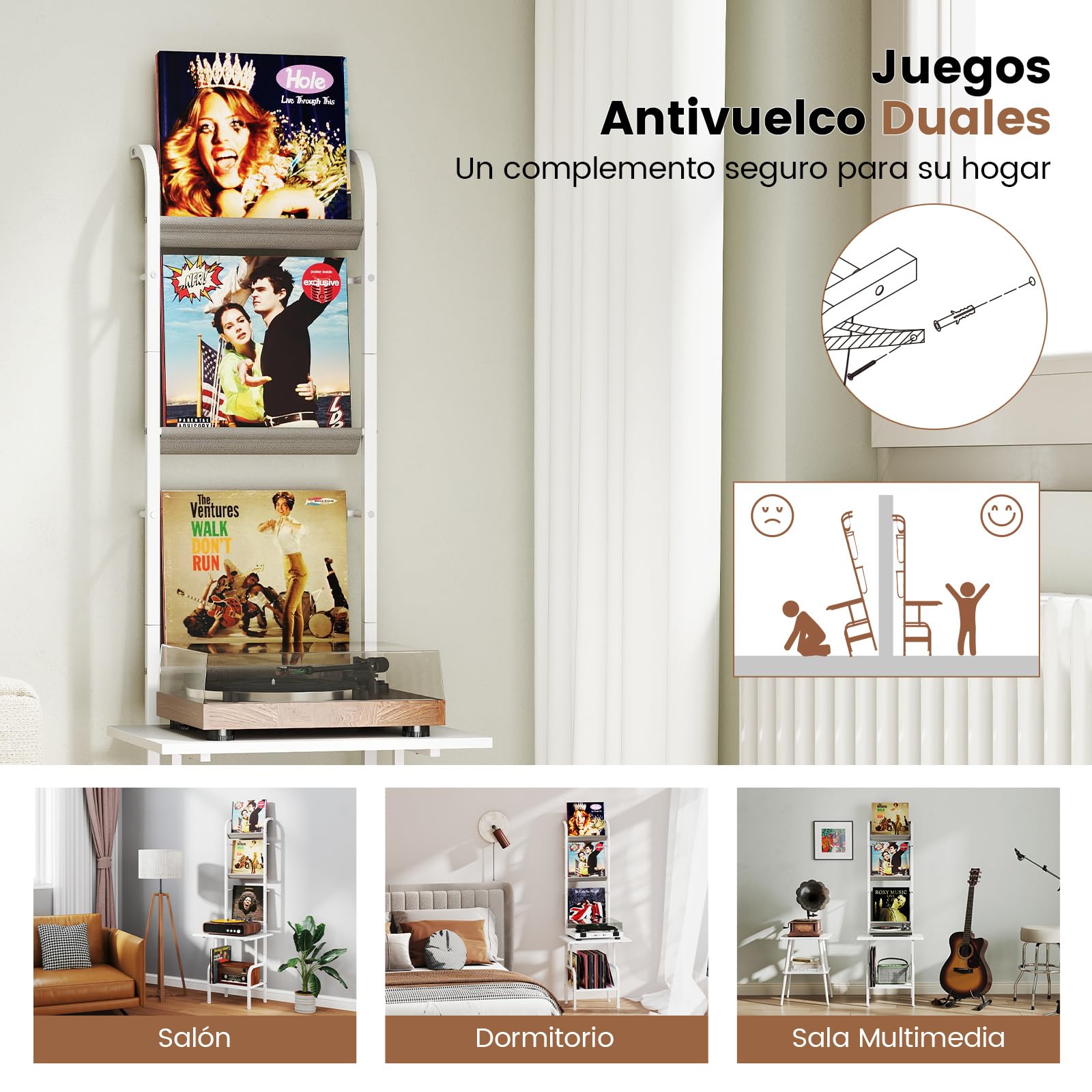 GOPLUS Soporte para Tocadiscos con Almacenamiento de 5 Niveles, Estantería Organizador para Vinilos con Juegos Antivuelco, Soporte para Tocadiscos con 3 Estantes para Discos de Vinilo (Blanco)