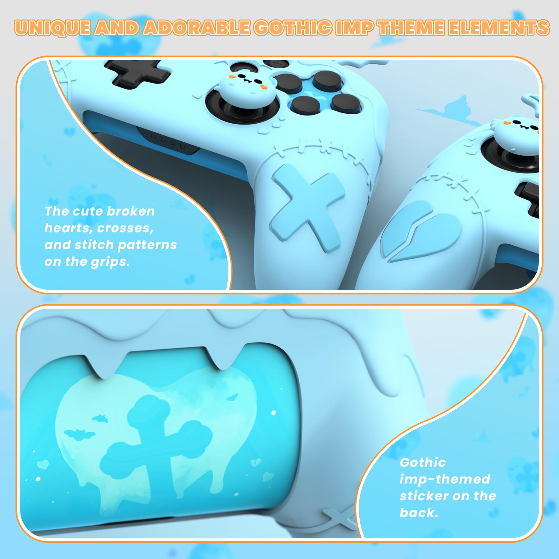 playvital Cover Silicone per Nintendo Switch 1 PRO Controller Custodia Joystick Skin Antiscivolo Protettiva Carina, 4 Copri Levette Analogiche & 2 Adesivi, Serie Imp Gotico, Acqua Blu