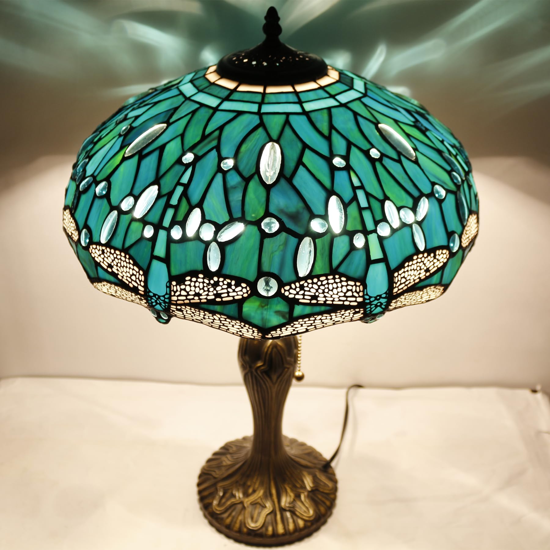 WERFACTORY Tiffany Table Lamp Green Stained Glass Dragonfly Bedside Lamp 16X16X24 Inches Desk Reading Light Metal Base Decor — view 7