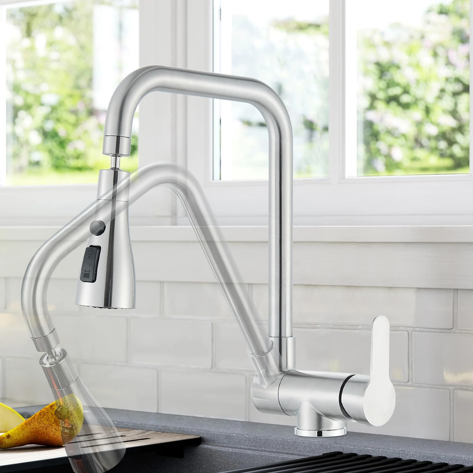 Einhebelmischer für Küche, klappbar, mit 3 Strahlarten, Küchenarmatur, faltbar, für Fenster, Küchenarmatur aus Edelstahl 304 (gebürstet)