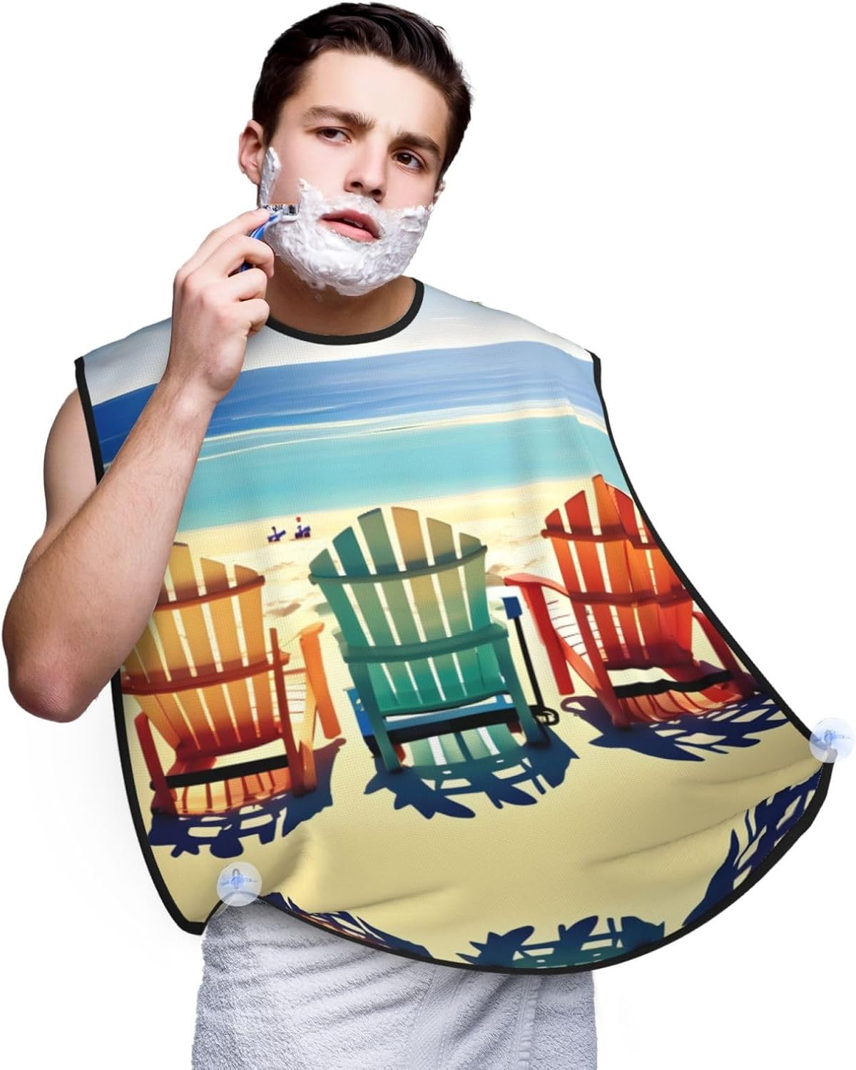 Beach Scene With Chairs Print Beard Bib Apron, Shaving Apron For Dad, Men'S Hair Catcher For Shaving Best Gifts For Dad