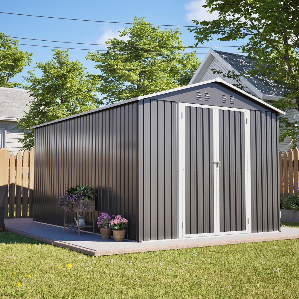 Lockable Secure Metal Shed 8x12 FT, Large Outdoor Storage with Aluminum Frame, Durable Garden Tool Shed for Backyard, Patio, Lawn in Gray