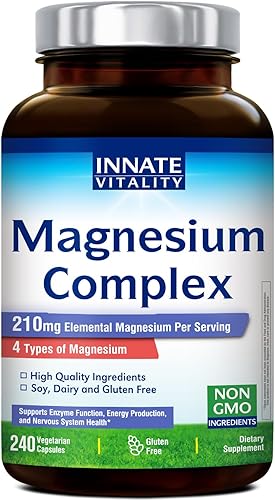 Innate Vitality Complejo de magnesio 240 cápsulas veganas, 4 formas glicinato de magnesio, malato, citrato, óxido Apoya la energía, la salud ósea y