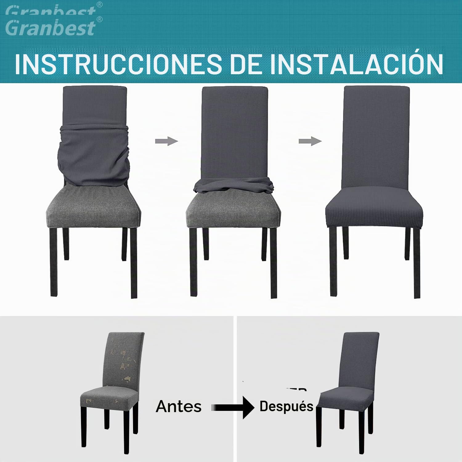 Granbest Juego de 6 Fundas para sillas de Comedor Impermeables, Fundas elásticas para sillas de Comedor, Lavables y extraíbles para Banquetes, Cocina, Fiesta, Hotel (Gris, Paquete de 6)