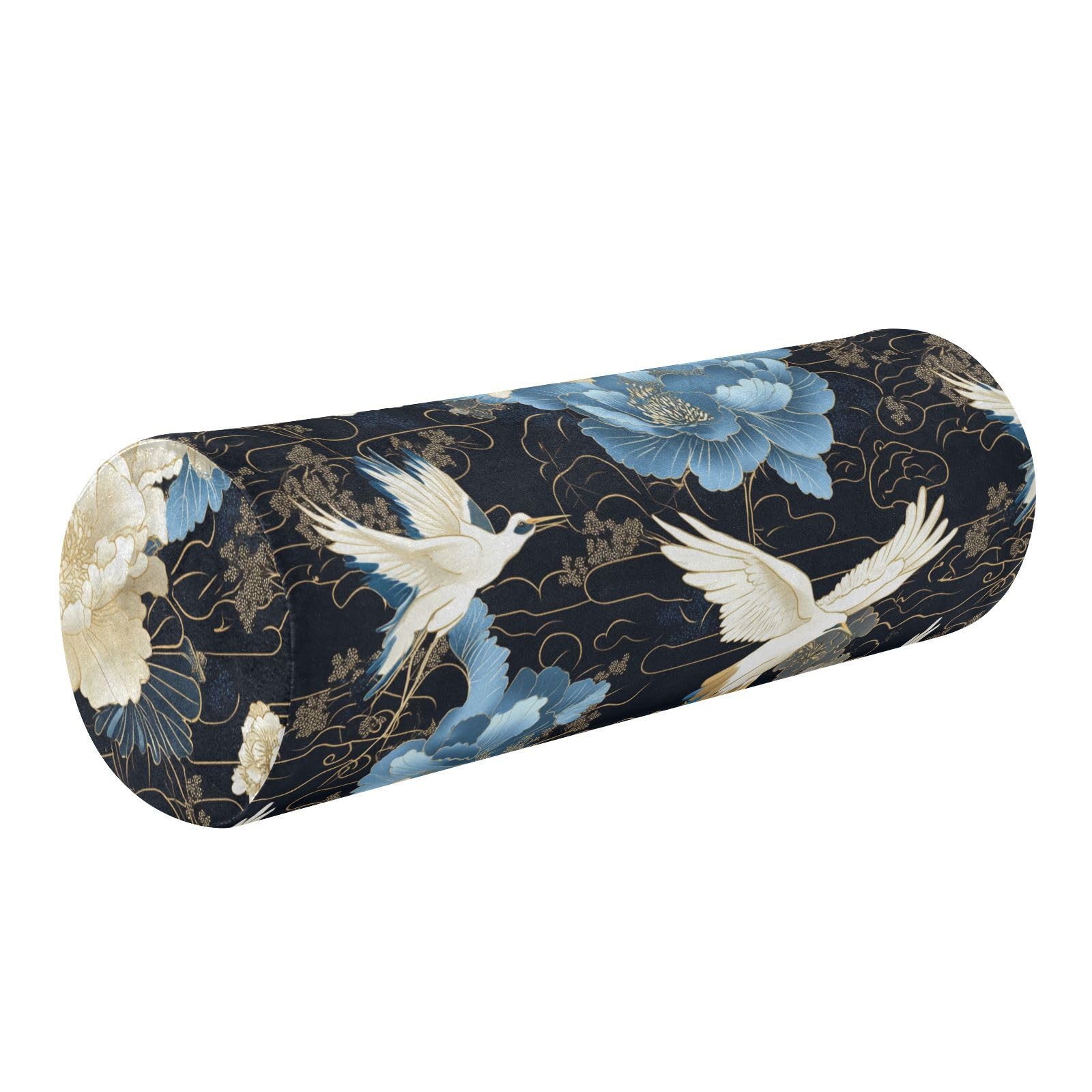 miaozhen Blue and White Vintage Crane Flowers Cervical Neck Roll Pillow Neckroll Pillows for Bed almohadas para Cervical dormir 5.5''x17''