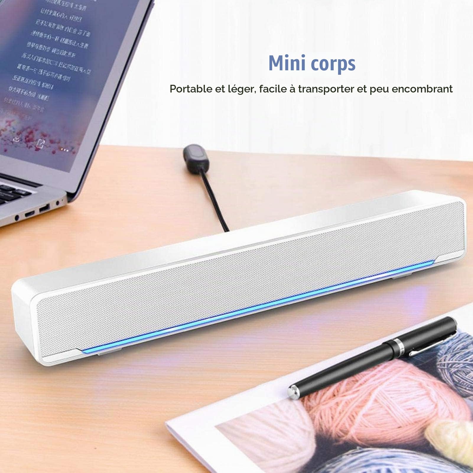 Barre de Son stéréo Filaire USB 3D avec lumière respiratoire à LED Bleue pour Haut-parleurs de télévision/cinéma Maison, Jeux, projecteurs, 12 Pouces