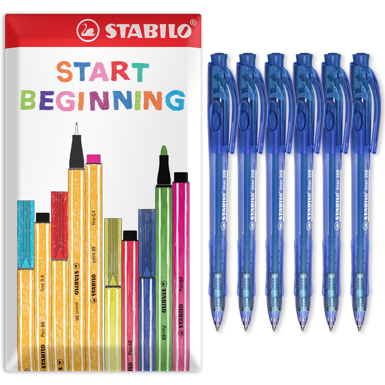 STABILO liner 308 - Retractable Ballpoint Pen - Fine 0.7mm Nib Pens - Envelope Gift Pack of 6 (Blue)