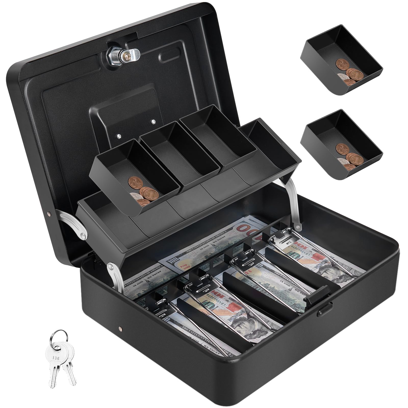 Cash Box with Lock and 2 Keys, Metal Money Box with Cash Tray, Lock Safe Box, 4 Bill/5 Coin Slots, 11.8L x 9.5W x 3.5H Inches (Top Key-Black)