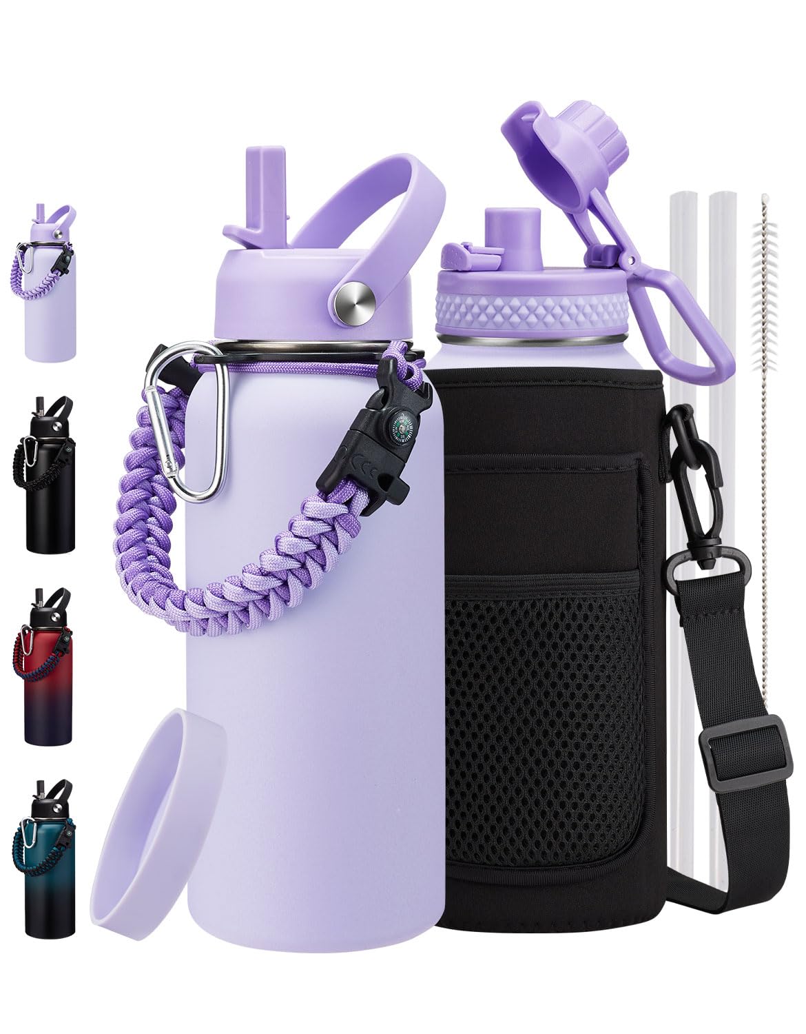 32 oz Insulated Water Bottle with Straw & Auto Spout Lid, Bottle Sleeve with Strap, Paracord Handle, 32oz Flask Purple Metal Water Canteen, Stainless