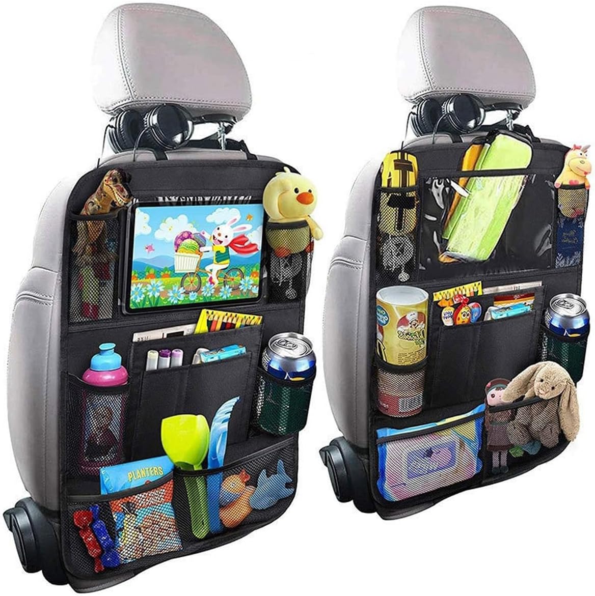 Car Backseat Organizer, Oxford Cloth Kick Mats Back Seat Protector with 9 Pockets & Clear Tablet Holder, Universal Waterproof Car Road Trip Essentials Storage Accessory (2PCS)
