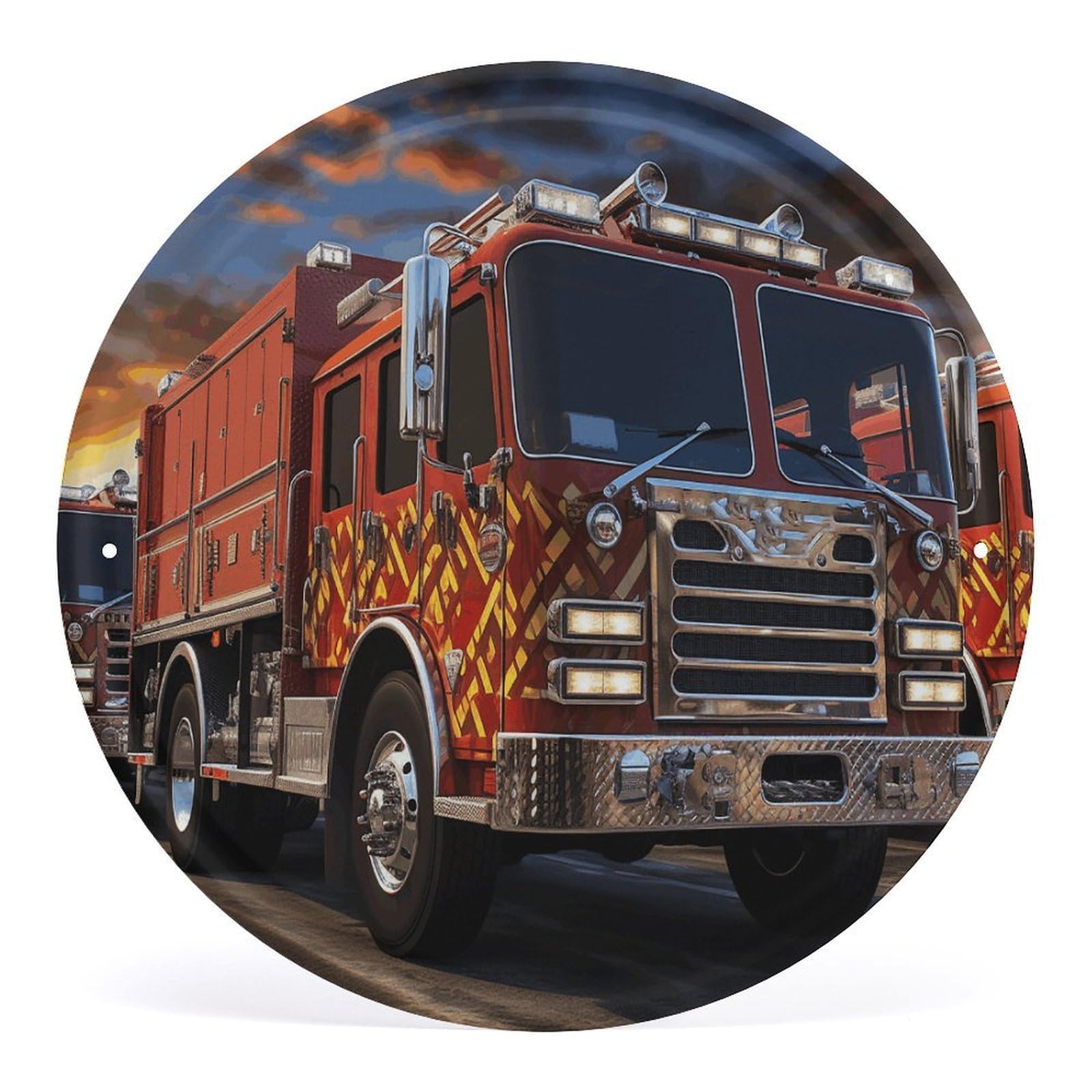 Fodpand Style Fire Truck Round Wall Art Hanging Decorations, Wall Decor Modern Minimalist Artwork, Tin Sign Hanging Picture For Living Room, Bedroom, Office, Hallway, 11.8X11.8 Inch