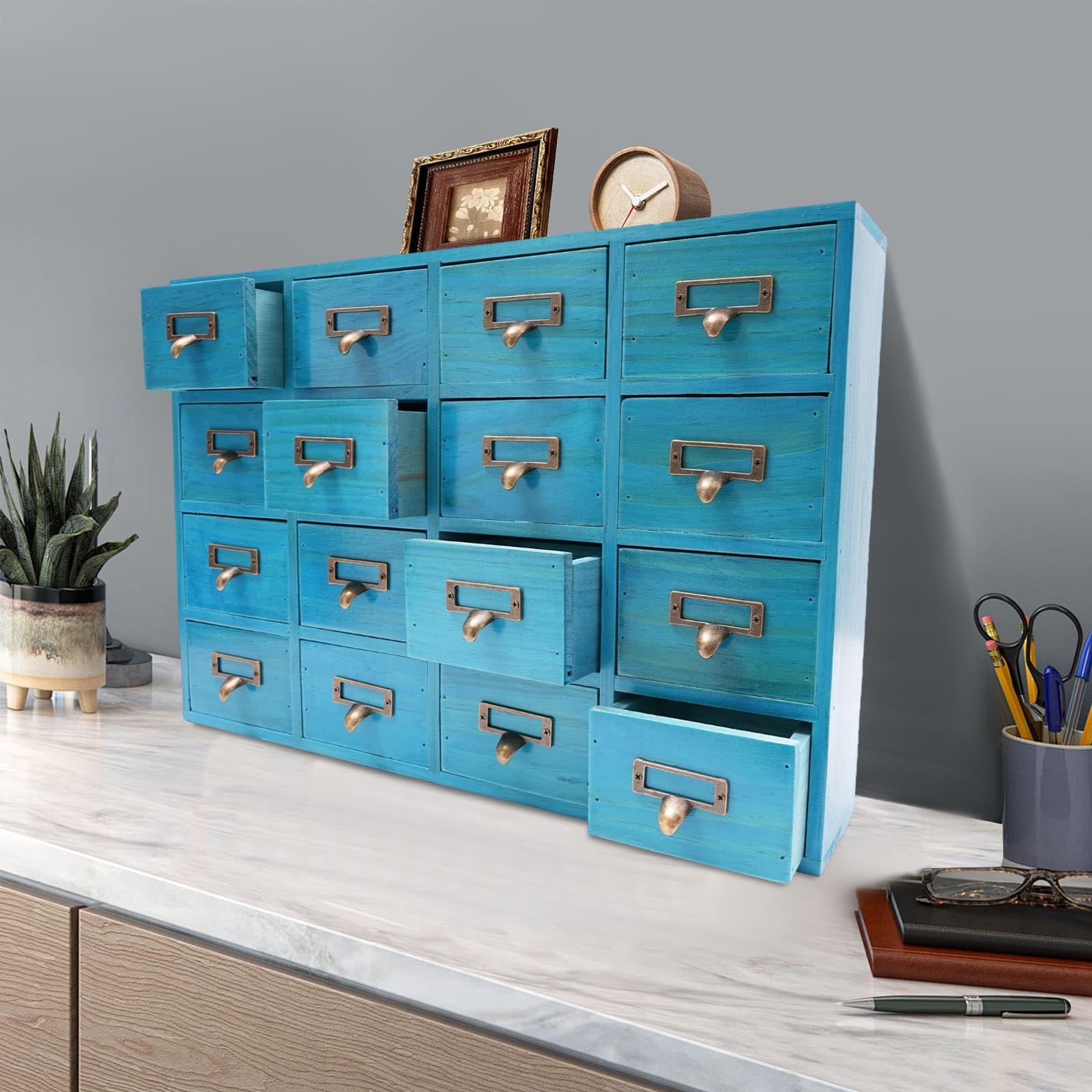 Armoire de Rangement Table à 16 Tiroirs, Organisateur de Bureau en Bois, Prêt à L'Emploi, Pour Fournitures de Bureau, Bijoux et Petites Articles Divers