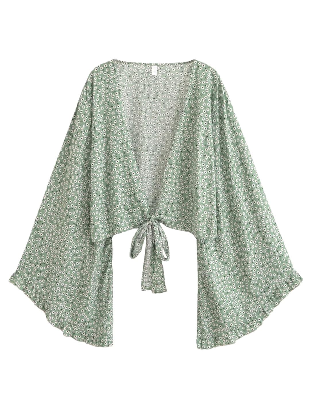 Women Boho Vintage Floral Beach Short Kimono Ruffles Flare Sleeves Vacation Bohemian Cover-Ups
