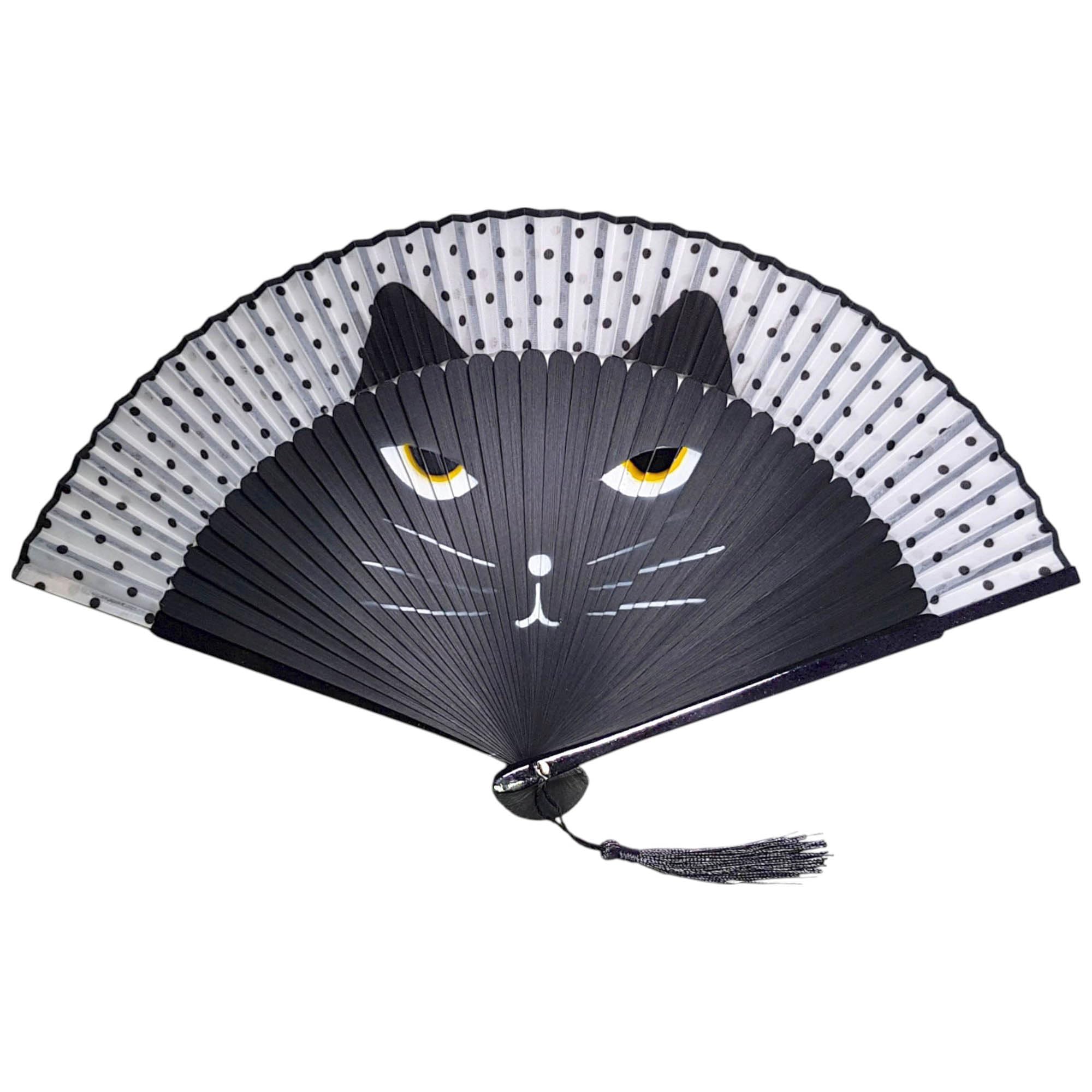 GFM® Bamboo Silk Handheld Folding Japanese Chinese Hand Fan Fan for Summer, Wedding, Party Favour etc for Summer, Wedding, Party Favour etc (FLSLK-MR-E) (FLSLK-Cat-Black-MR-2) — image 1