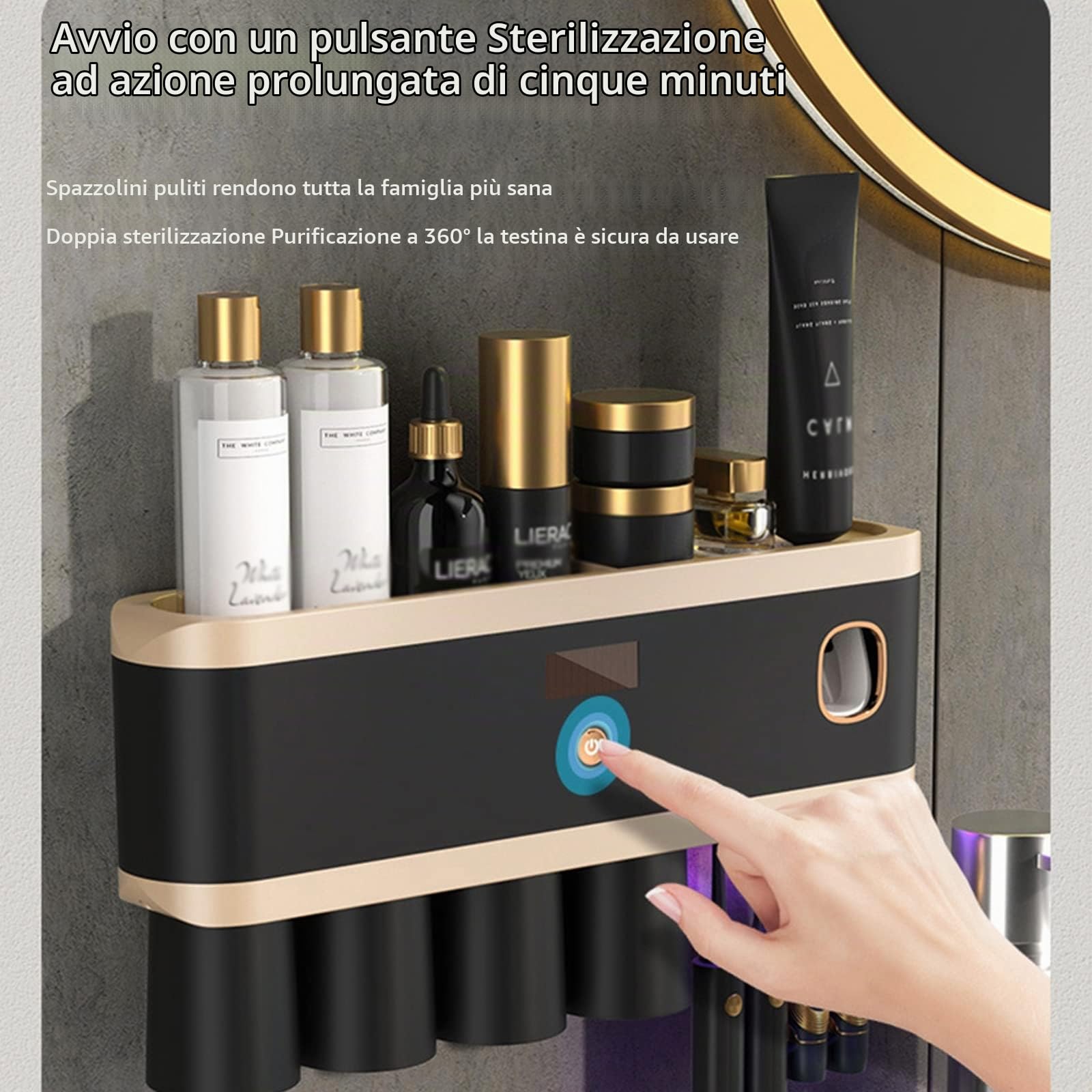 Portaspazzolino elettrico con sterilizzatore UV - A parete, ricaricabile, distributore automatico di dentifricio - Nero - Protegge e igienizza gli spazzolini - Ideale per doccia, bagno - Include 4
