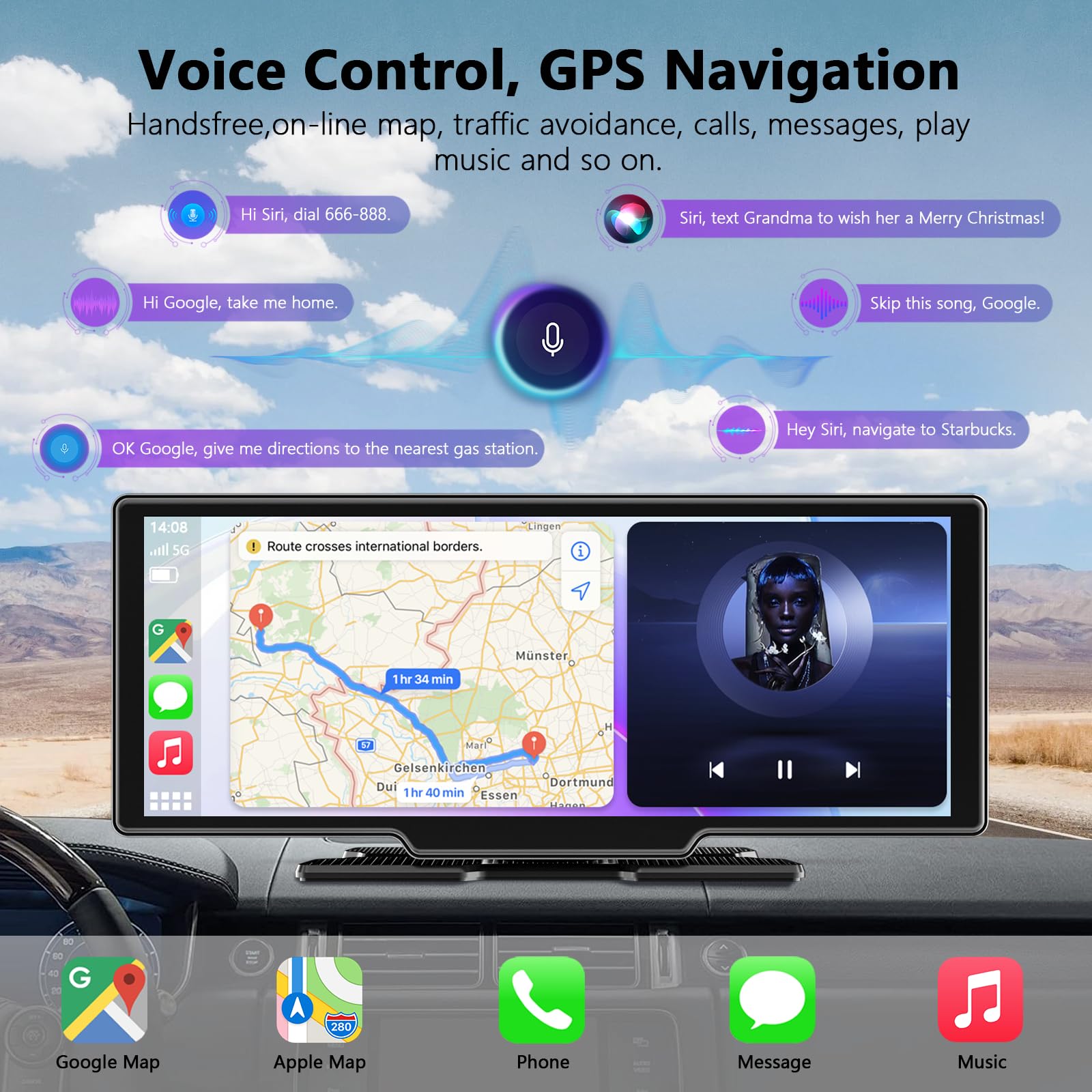 10,26 Calowy Przenośny Ekran z Bezprzewodowym CarPlay i Android Auto, Radio Samochodowe z 4K Dashcam Przednią I Tylną Kamerą 1080P HD/Bluetooth/FM/AUX/64G TF/Mirror Link/Voice Control/GPS