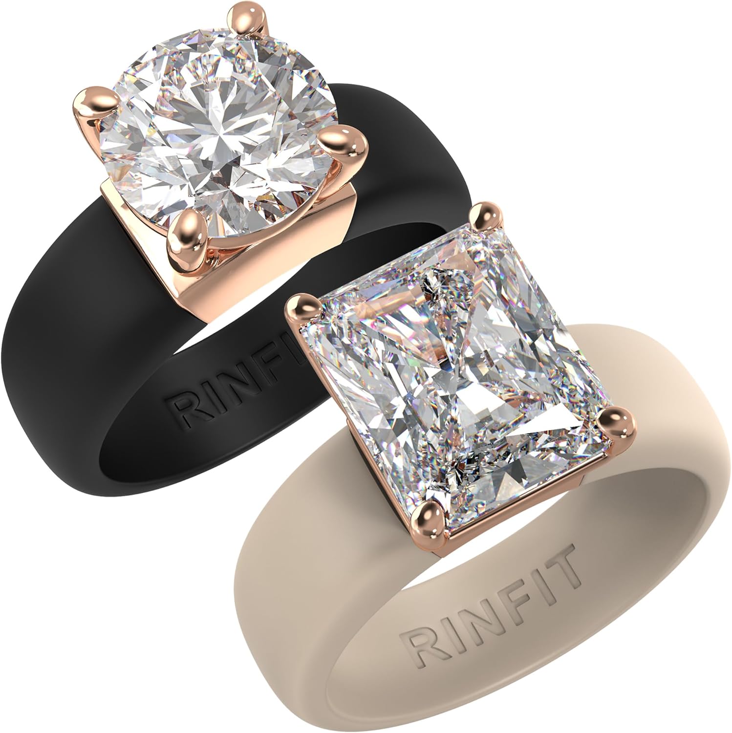 Rinfit Silicone Rings for Her - Rubber Wedding Bands with Cubic Zirconia Stone - Round Glowstone Black & Emerald Glowstone Nude/RoseGold, Size 10