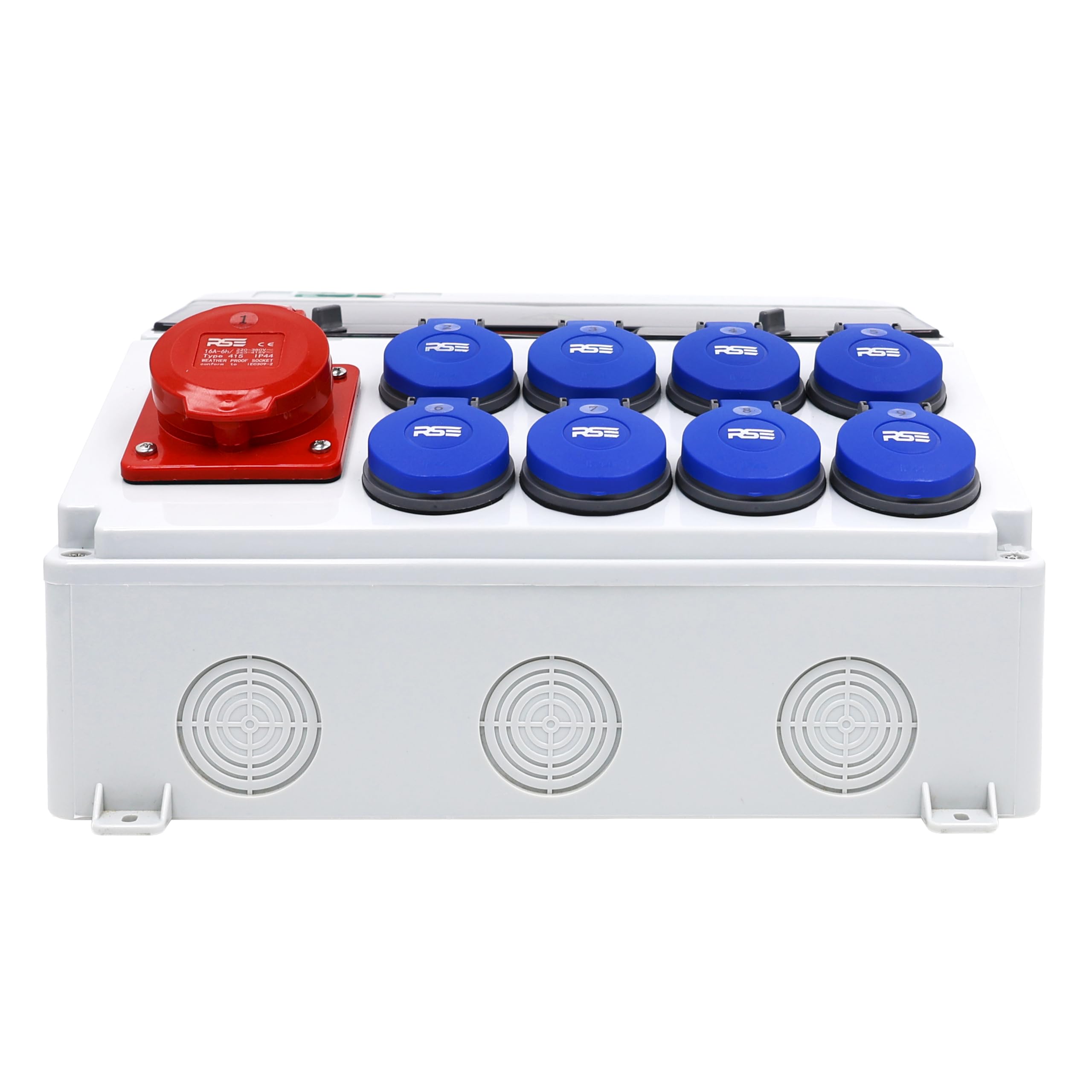 RSE BAUSTROMVERTEILER WANDVERTEILER KOMPLETT VERDRAHTET, VERSCH. VARIANTEN 32A CEE, 16A CEE, 230V ZUR AUSWAHL, IP66 GEHÄUSE, 1X16A, 8X230V, MIT LS+FI