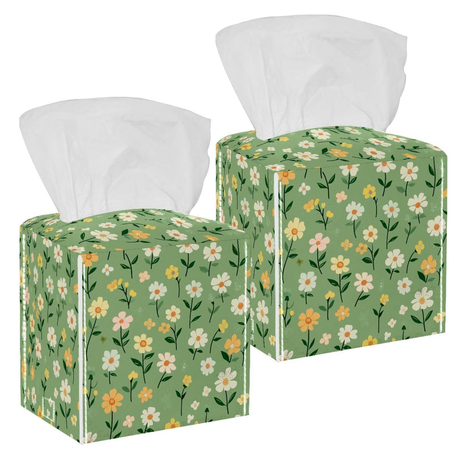 Daisy Tissue Box Cover, 2 Pack PU Leather Square Facial Tissue Dispenser Box holder for Home Office Car