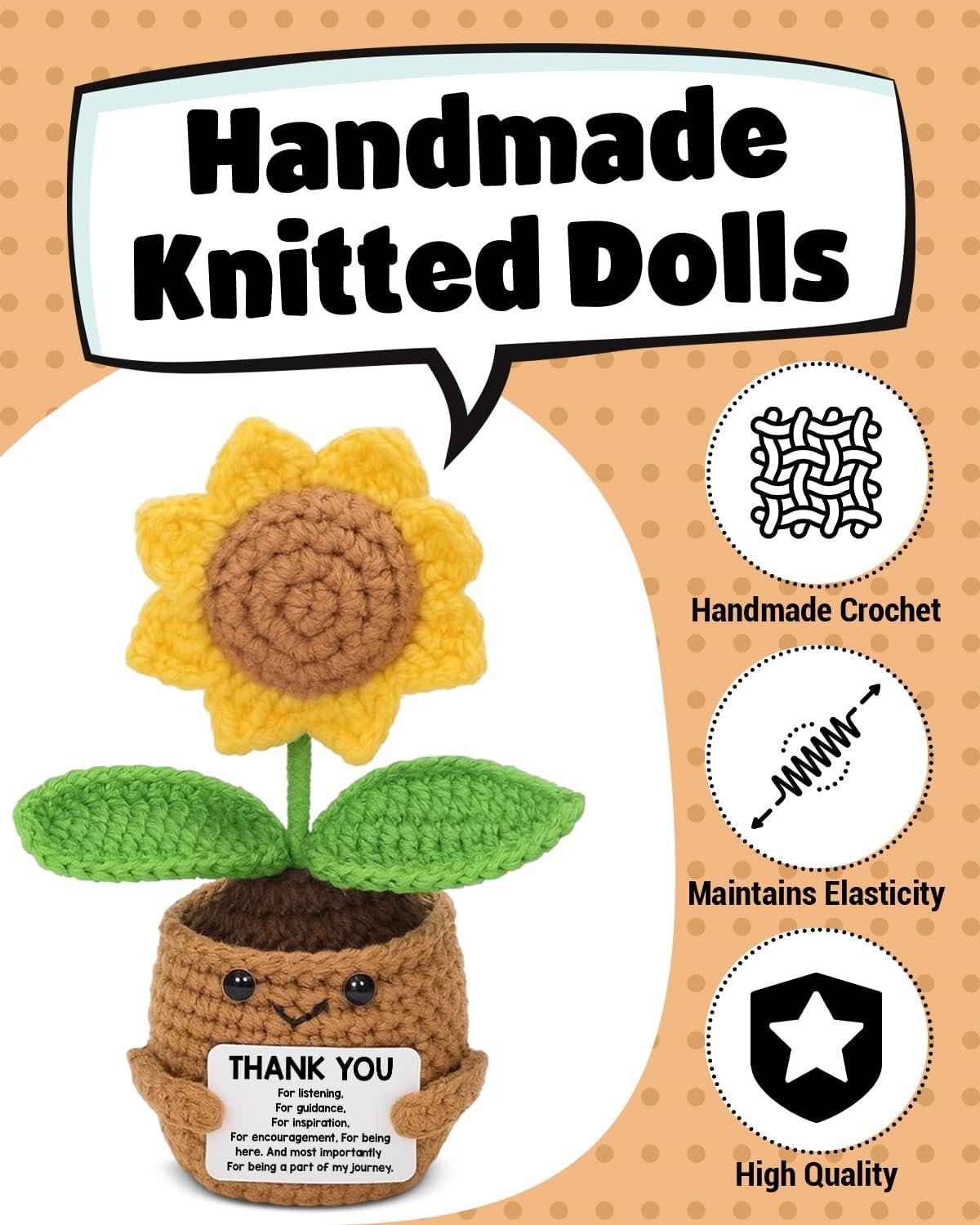Thank You Gifts for Teacher Coworker Friends - Handmade Emotional Support Plants - Appreciation Gift for Women Men - Positive Sunflower Doll Crochet with Card - Image 3