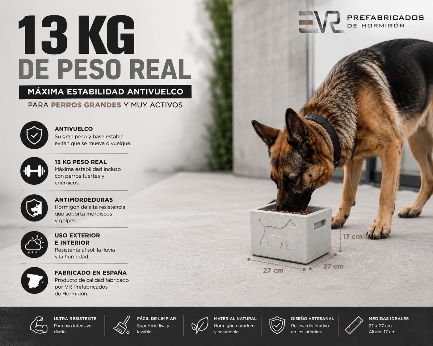VR Prefabricados Comedero de Hormigón Antivuelco para Perros – 13 kg Peso Real – Antimordeduras y Ultra Resistente – Uso Exterior – Acabado Artesanal – Fabricado en España