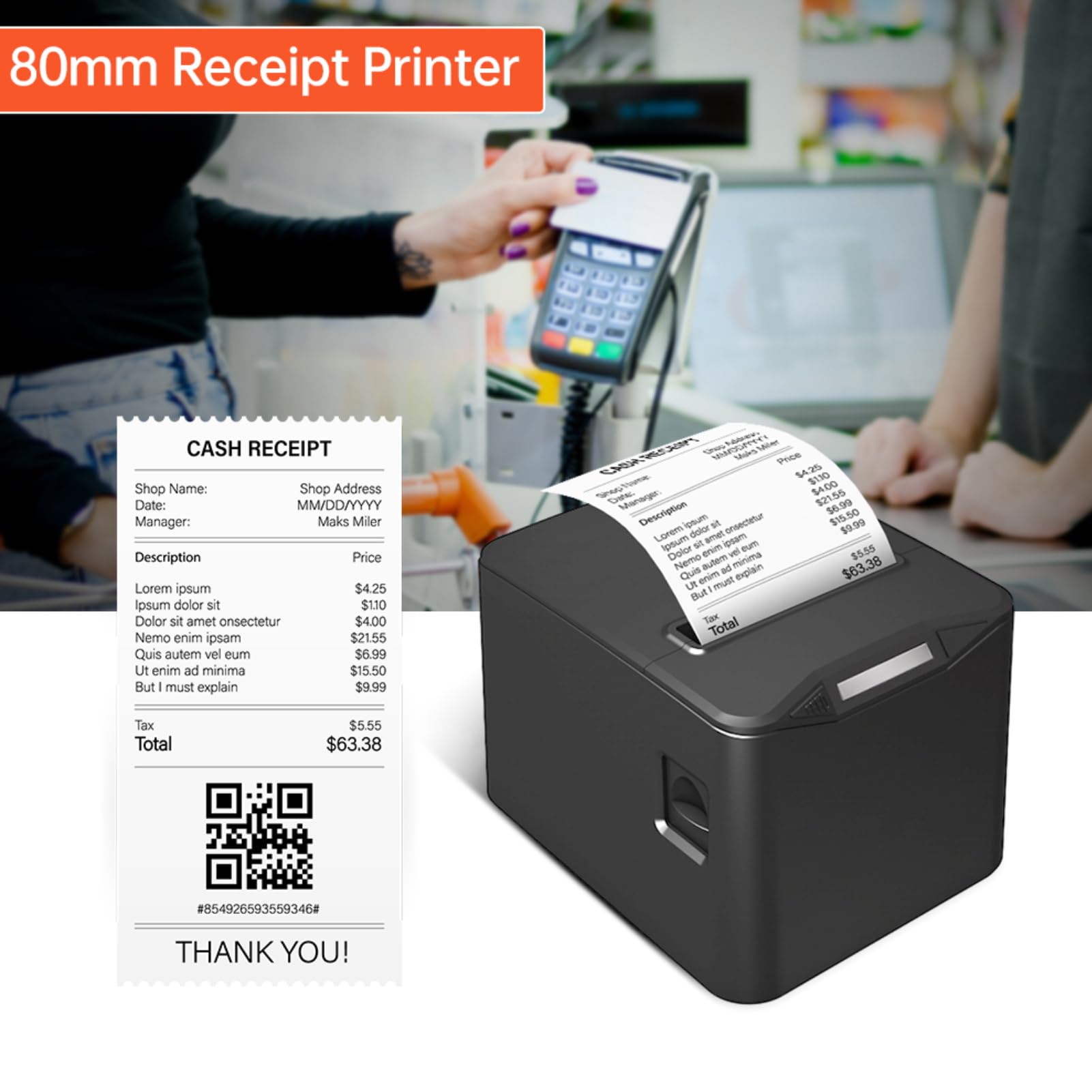 Bisofice Stampante termica per ricevute da 80 mm - Connessione USB+LAN, Ticket di cassa, Supporta Command ESC/POS per ristoranti, Supermercati, Commercio - Nero