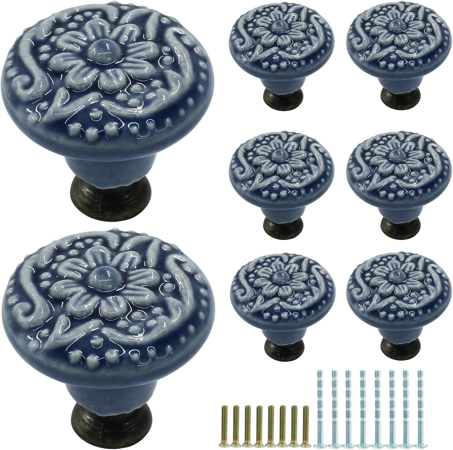 Murtenze 8PCS Greyish Blue Ceramic Knobs Vintage Handles, Decorative Kitchen Cabinet Knobs Pulls, Retro Ceramic Dresser Knobs for Furniture, Closet, Cupboard, Door Knobs