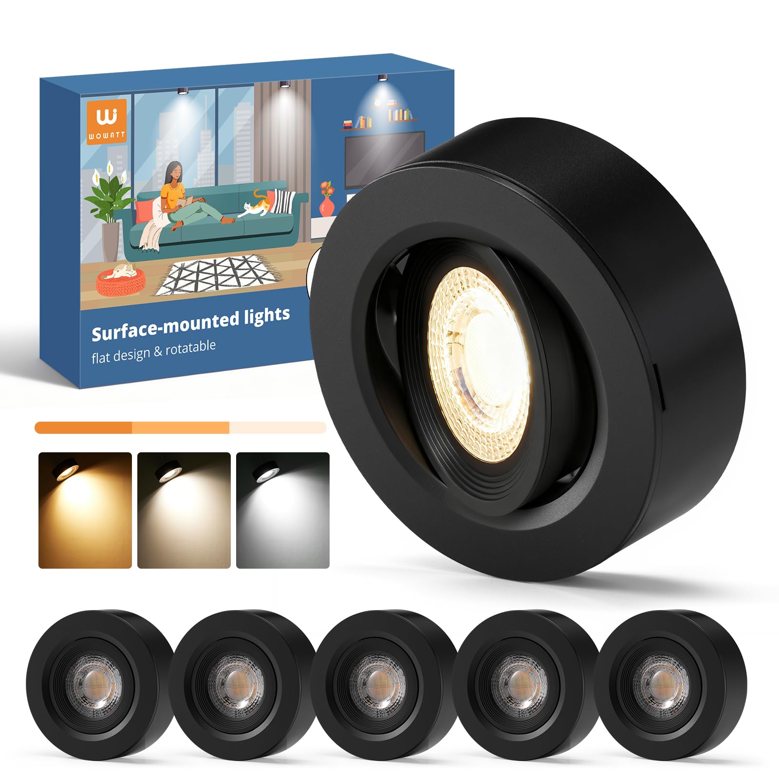 wowatt 6er Set Deckenspots Schwarz, 5.5W 550LM LED Aufbauspot Dimmbar Warmweiß 3000K Neutralweiß 4000K Kaltweiß 6000K, Aufbaustrahler Schwenkbar 30°, Spots Deckenleuchte Aufputz 92mmx30mm, Kunststoff