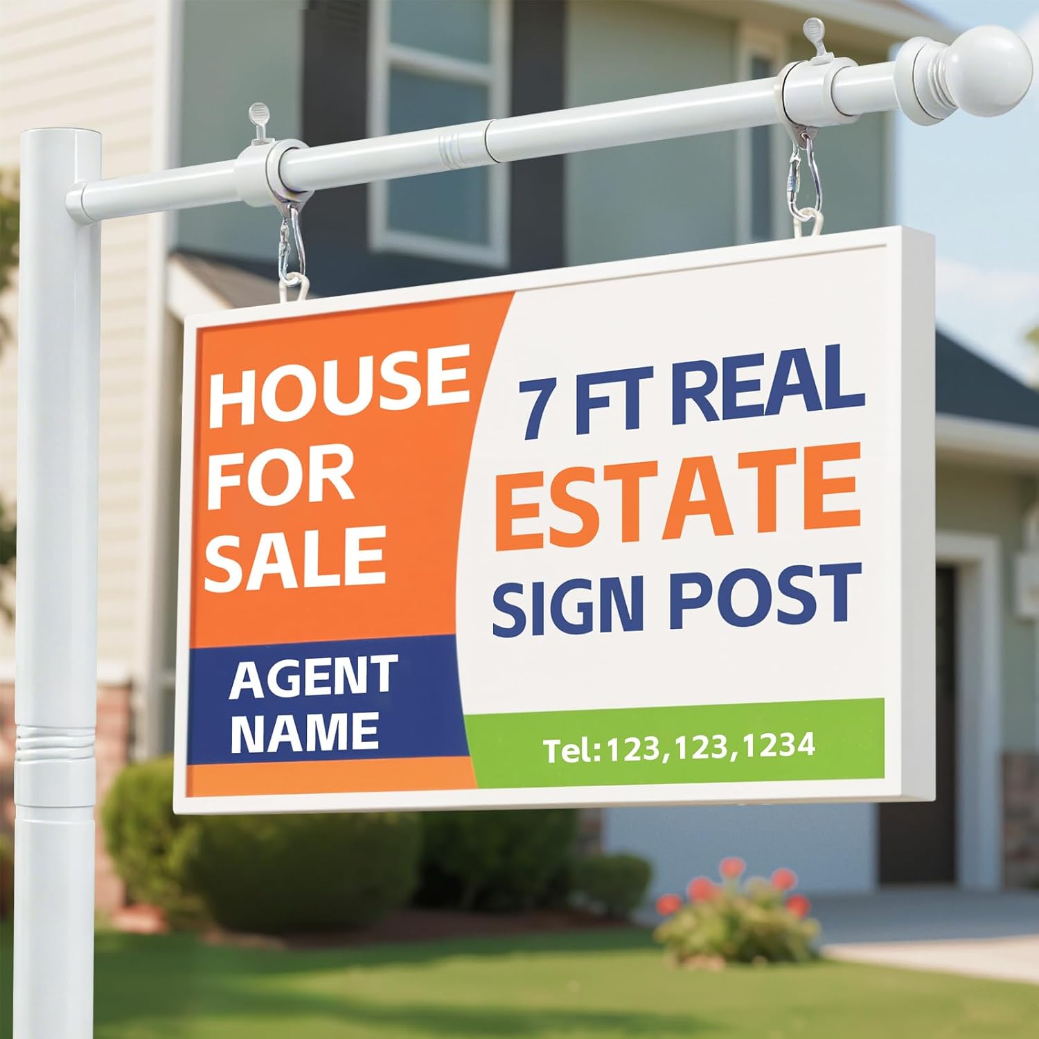 Real Estate Sign Posts 7FT Wind-Resistant Yard Sign Holder with Adjustable 32” Arm for Outdoor Realtor Sign Heavy Duty Metal Yard Sign Stakes Stand (1 White)