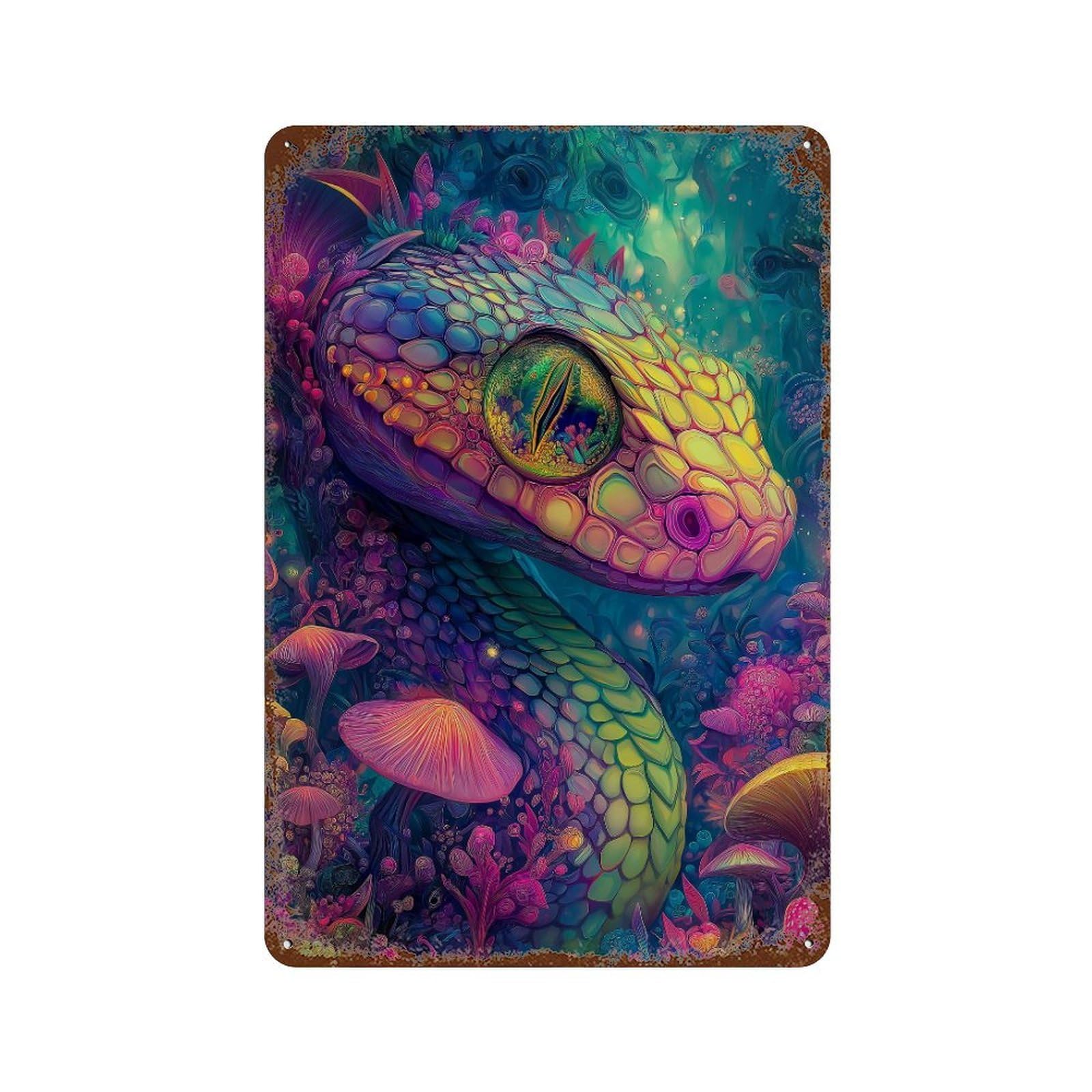 Fantasy Snake in Mushroom Forest Decorative Tin Sign 11.8"x7.9", Vintage Wall Decor for Garage, Pub Or Kitchen