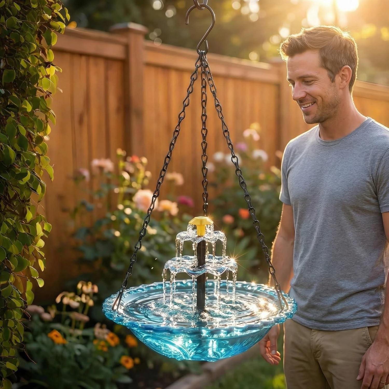 2026 Solar Cascade Hanging Bird Bath Fountain - 3 Layers Outdoor Water Feature for Hummingbirds, Easy-Clean 9.3" Glass Basin with Solar Powered Pump, Attract Wild Birds to Garden, Patio (Blue)