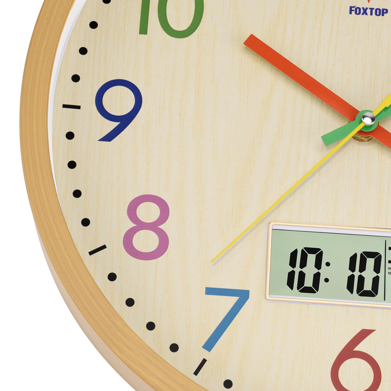 Foxtop Horloge murale pour enfant - Sans bruit de tic-tac - Écran LCD - Analogique - Multicolore - Pour apprendre et pratiquer l'heure Foxtop Horloge murale pour enfant - Sans bruit de tic-tac - Écran LCD - Analogique - Multicolore - Pour apprendre et pratiquer l'heure