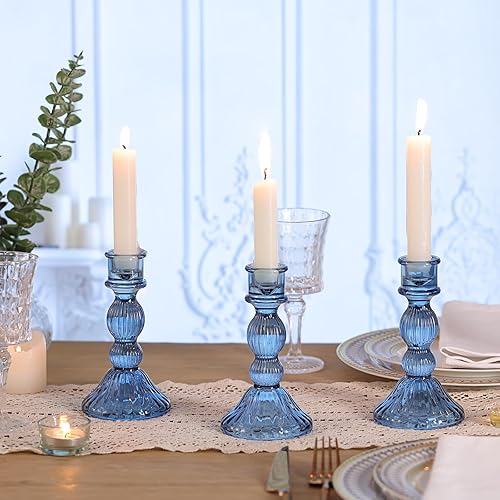 Miniatura 7 de DARJEN Juego de 4 portavelas azules de vidrio a rayas verticales para candelabros y velas cónicas, portavelas cónico para bodas, fiestas, decoración
