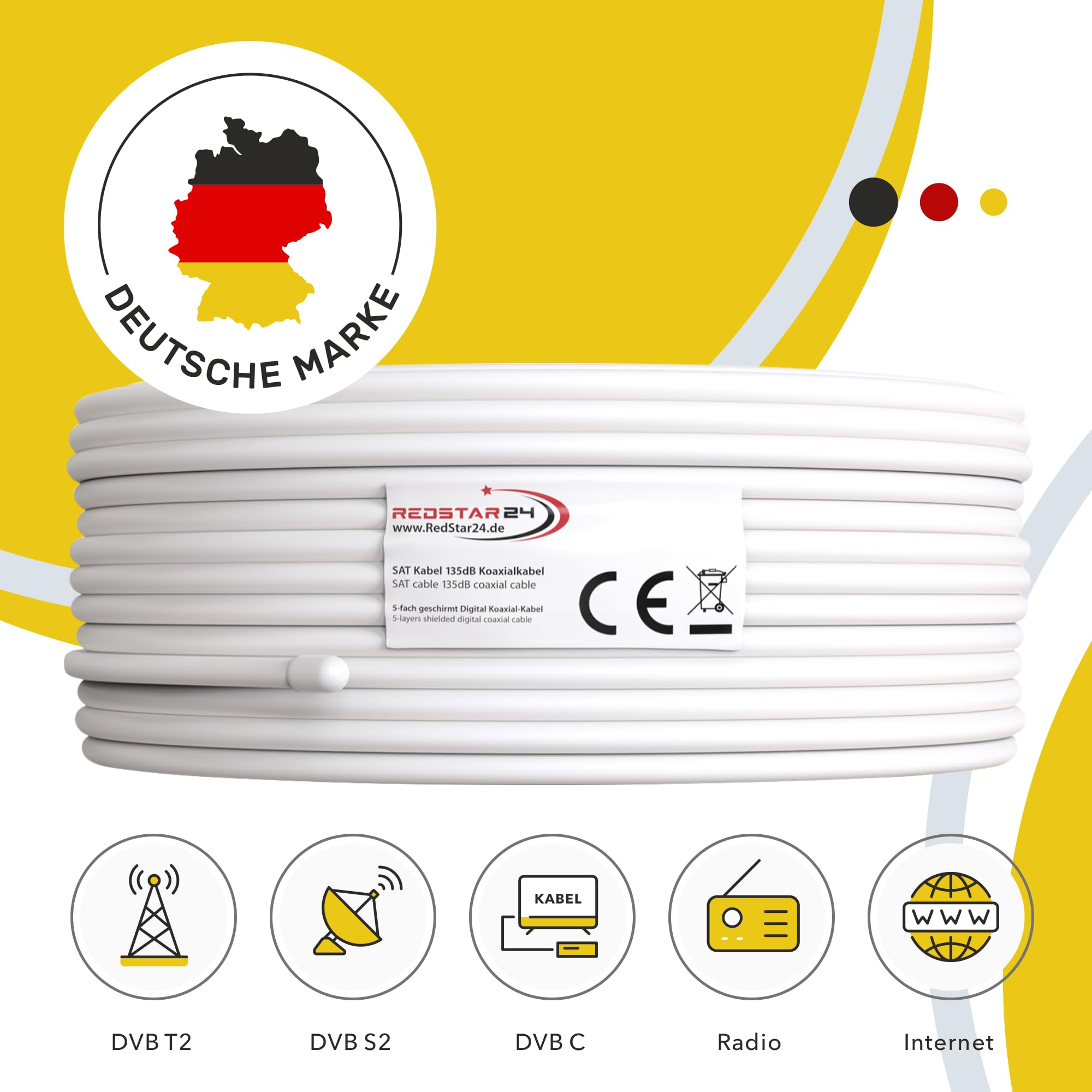 RedStar24 Cavo Coassiale SAT 100m 135dB Digitale | Classe A+ | Schermatura a 5 Strati per Ultra HD 4K DVB-S/S2, DVB-C/C2, DVB-T | Cavo Antenna Coassiale | 10 Connettori F | Bianco 100 Metri