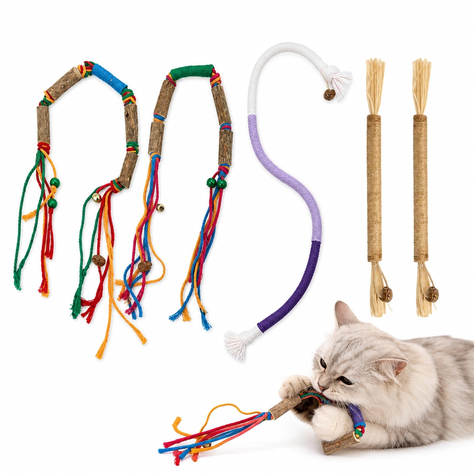 LIMZABE Silvervine Chew Sticks for Cats, 5-Piece Rope and Stick Set