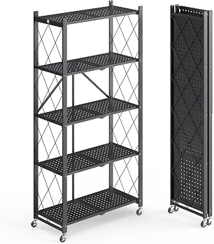 5 Tier Storage Shelves, Metal Collapsible Shelving Unit with Wheels, Heavy Duty Folding Garage Shelf, No Assembly Closet Shelves Organizer, Kitchen, Basement Storage Shelf Black, 5 Tier