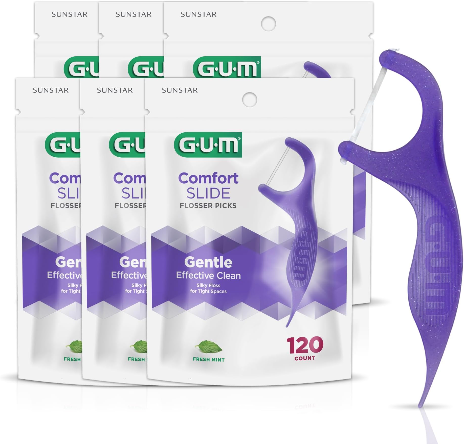 GUM Comfort Slide Floss Picks - Perfect for Tight Teeth - Extra Strong Shred-Resistant Dental Floss, Easy Grip Handle - Dental Flossers for Adults - Fresh Mint Flavor, 120 Count (Pack of 6)