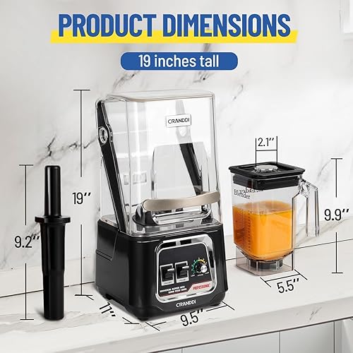 Miniatura 2 de CRANDDI Licuadora comercial, licuadoras de encimera de 2200 W con escudo extraíble, licuadora silenciosa para batidos y trituración de hielo,
