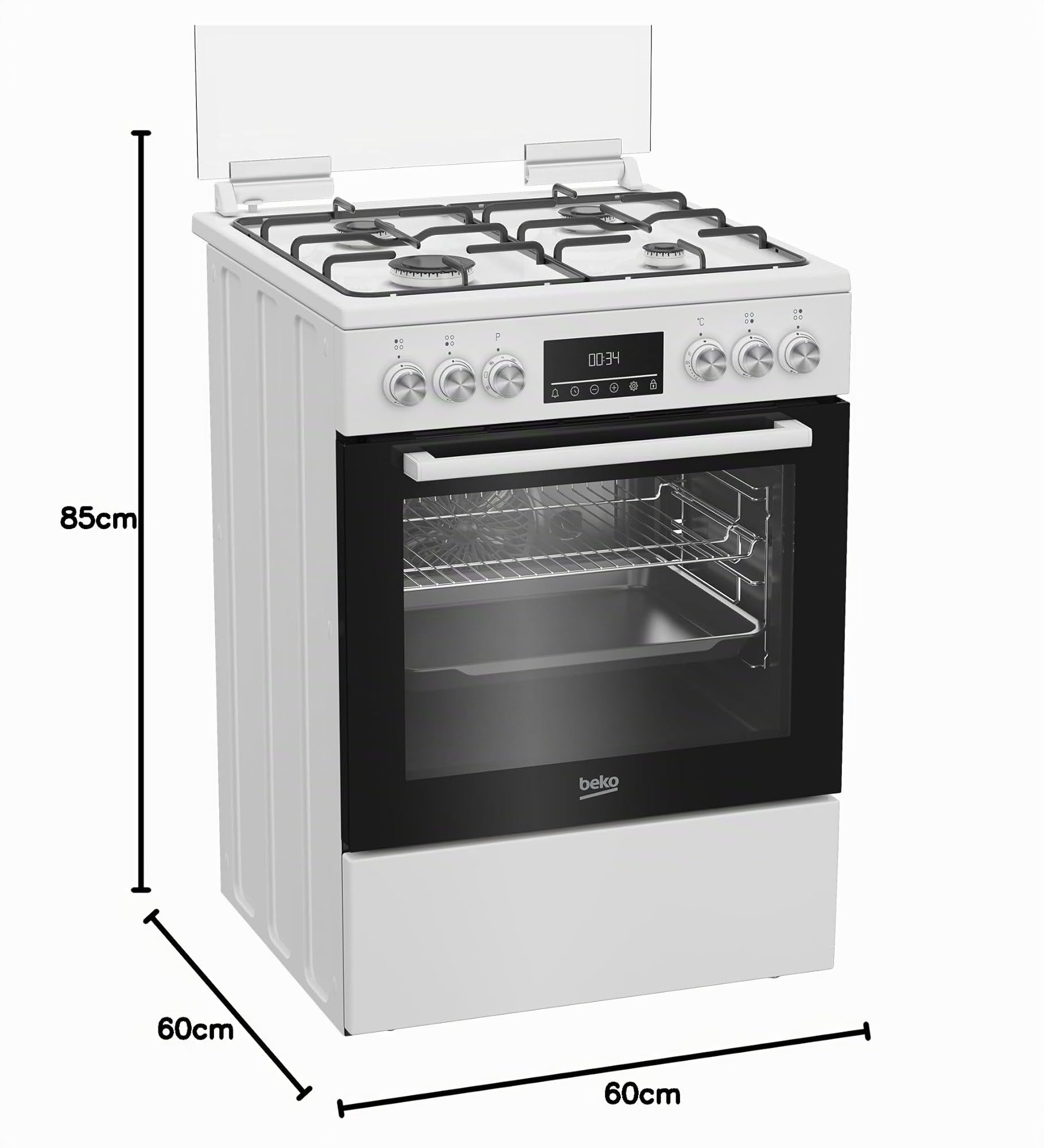 Beko FBM62320WDSL Four et cuisinière indépendante, four multifonctions avec table de cuisson à gaz, volume de la cavité de cuisson de 72 l, 4 zones de cuisson, 8 types de chauffage, grilles latérales