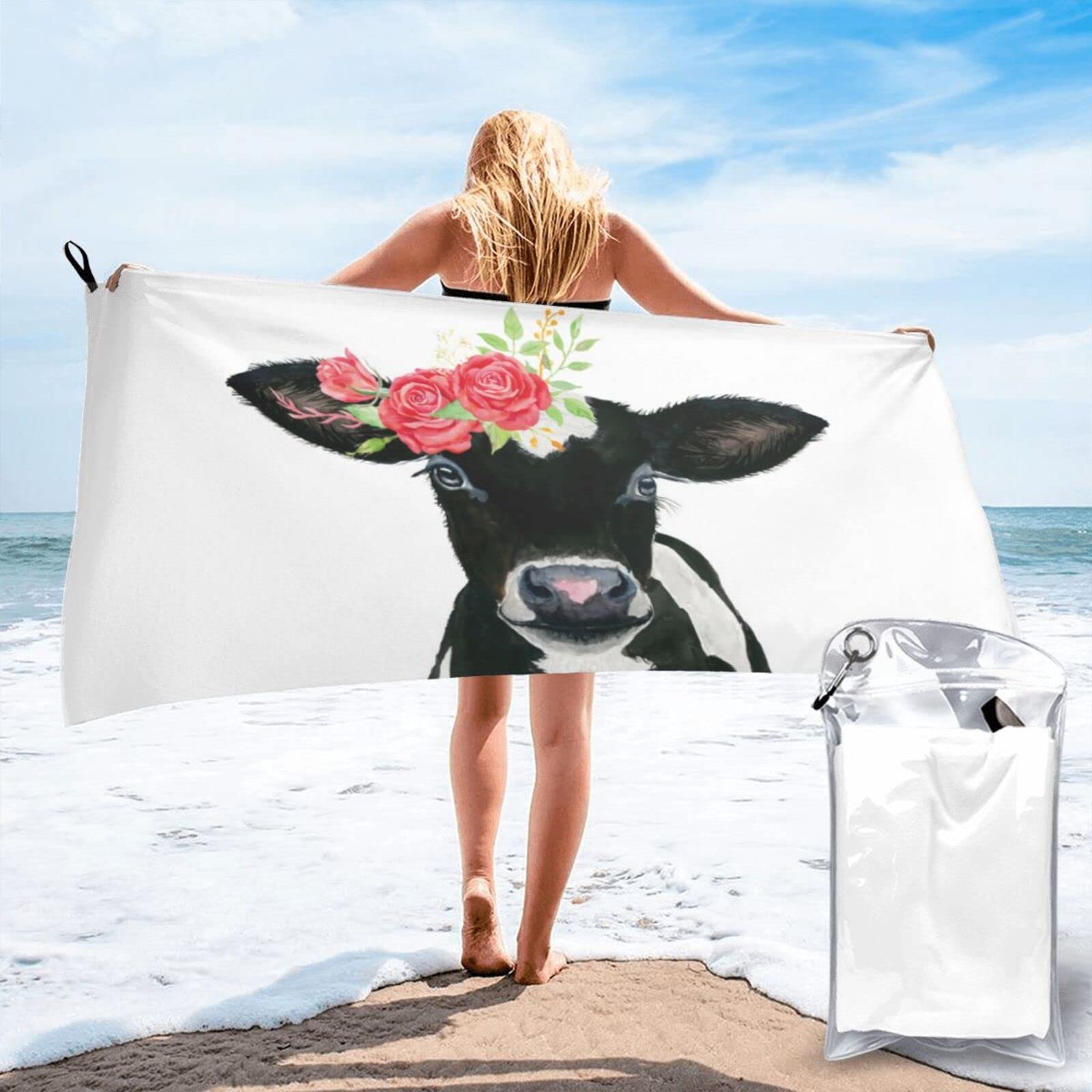 Lawenp Flowers and Cow Microfiber Beach Towel Adults Large Quick Drying Bath Towel Travel Towels with Pouch 27.5"x55"