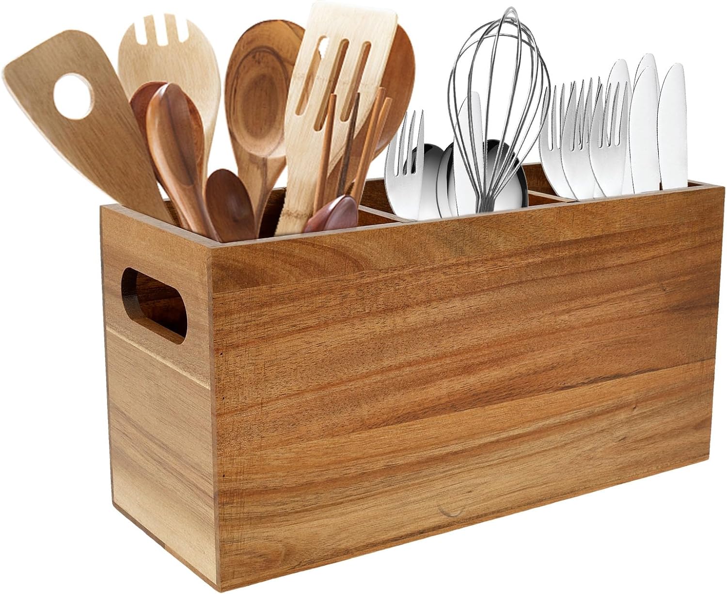 Kitchen Utensil Holder - Removable Divider Wood Silverware Organizer with 3 Compartments, Large Silverware Utensil Caddy for Countertop Farmhouse Kitchen Party