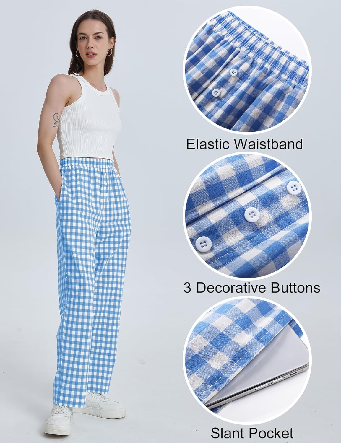 Flygo Womens Pajama Pants Wide Leg Gingham Lounge Pants Plaid Cotton Pajama Bottoms with Pockets - Image 3