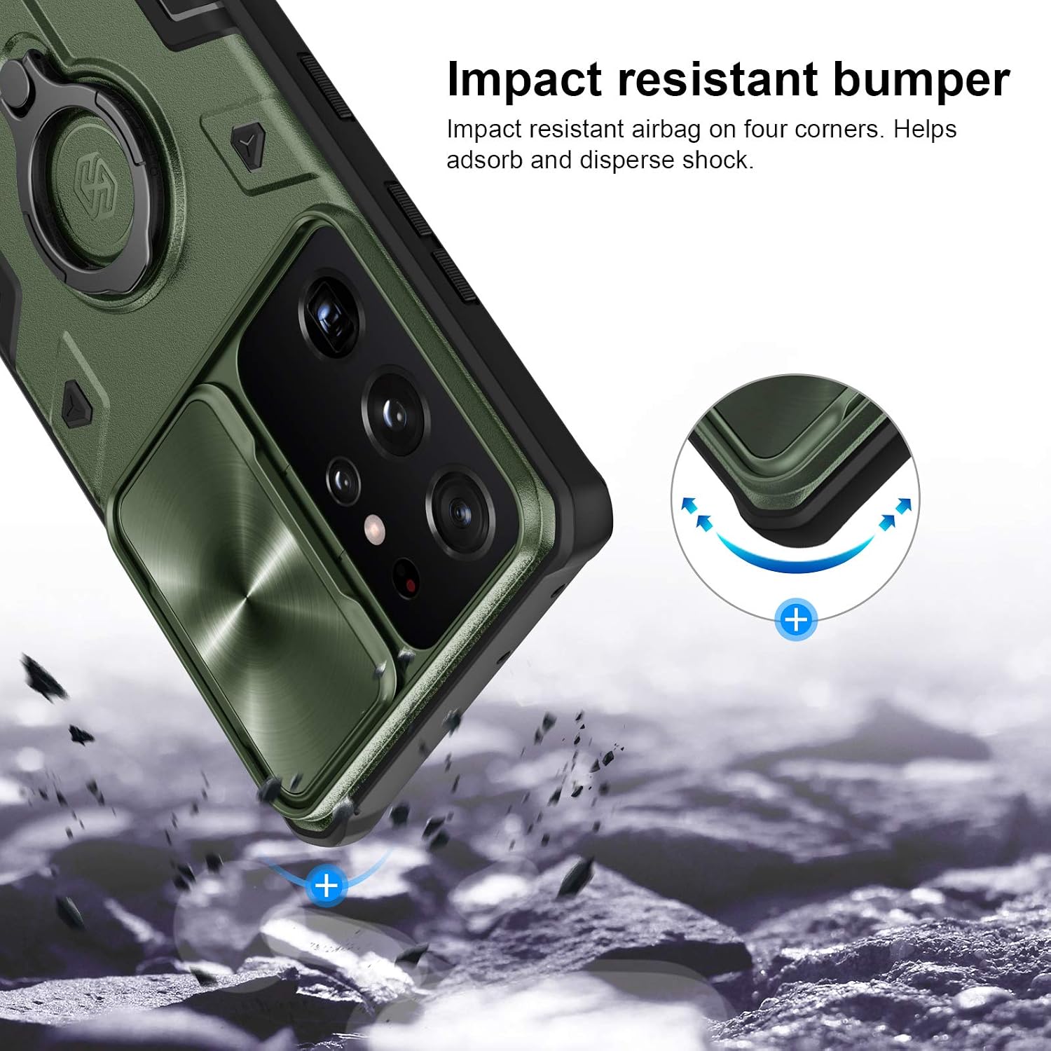 Nillkin Samsung Galaxy S21 Ultra Case - CamShield Armor Case with Camera Cover & Kickstand [Slide Lens Cover, Rotate Ring Stand], PC & TPU Impact-Resistant Bumpers Military Grade Case, Green