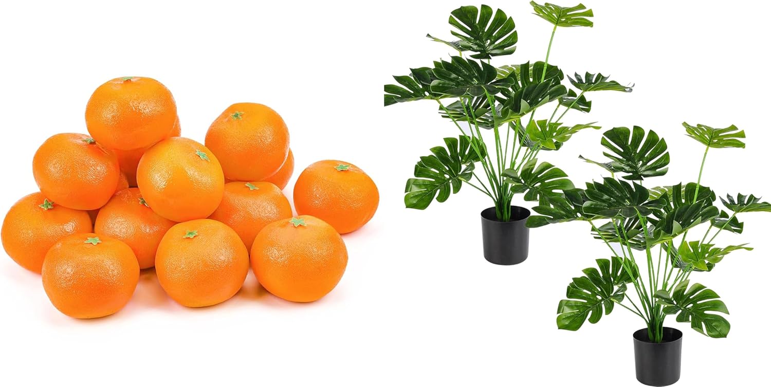 A Bundle of Toopify 16 Pcs Artificial Oranges, Decorative Fake Oranges for Decoration Lifelike and Toopify 28" 2Pack Large Fake Plants Artificial Palm Tree in Pot for Indoor and Outdoor