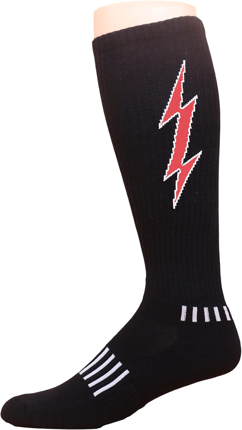 MOXY Socks Youth Soccer Socks – Insane Bolt Black Knee High Sports Socks with Red Lightning Bolt for Kids - Durable, Comfortable Athletic Socks for Boys & Girls