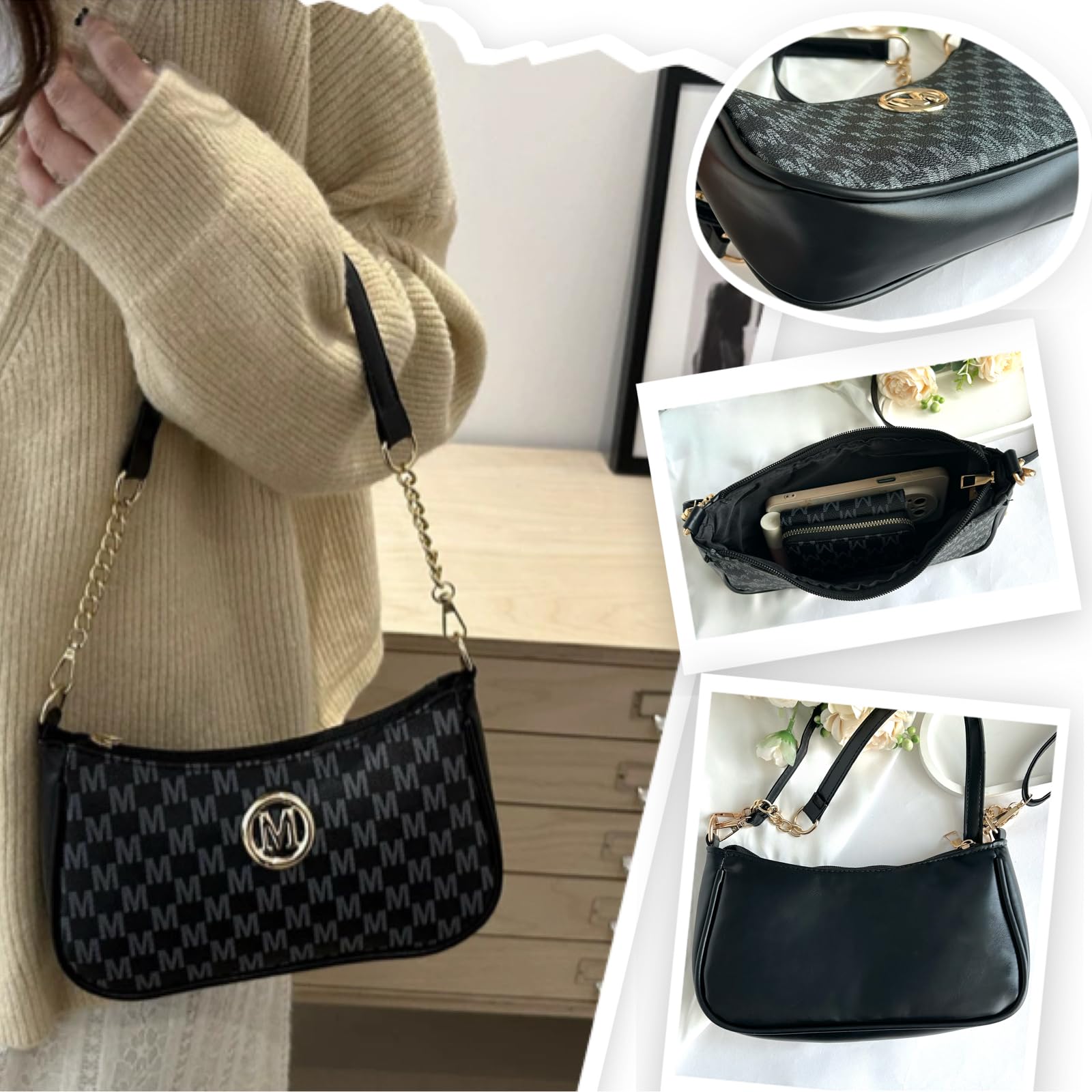 Kleine Handtasche Damen M Buchstaben Muster Elegant Schultertasche Pu Leder Crossbody Taschen Umhängetasche mit Verstellbarer Schultergurt